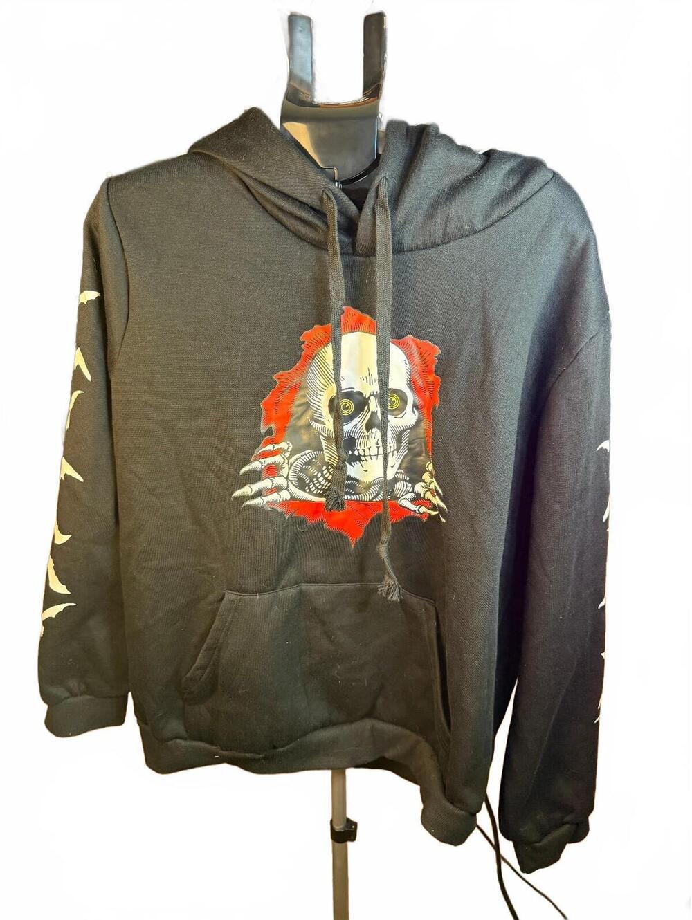 Black Hoodie with Skull and Bat Sleeve Print Avril Hill sz XL Halloween spooky